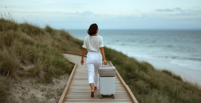Eine Frau läuft mit ihrem Reisegepäck am Meer entlang
